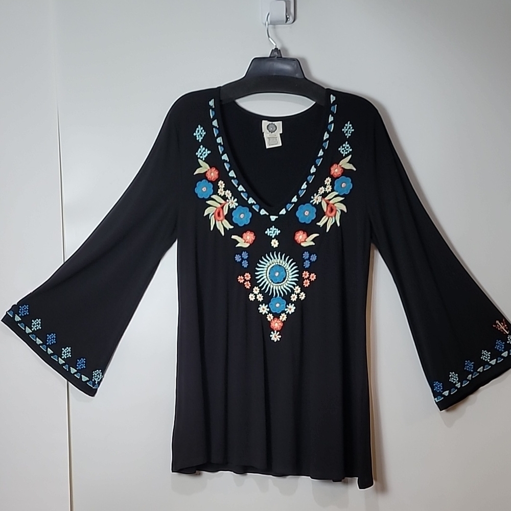 Classic Black V-Neck Bell Sleeve Blouse with Graphic Embroidery